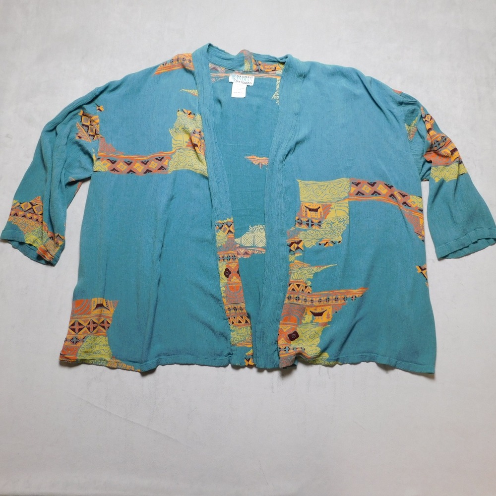 Southwest Indian Foundation Teal Blue Geometric Print Open Front Cardigan 1X‎